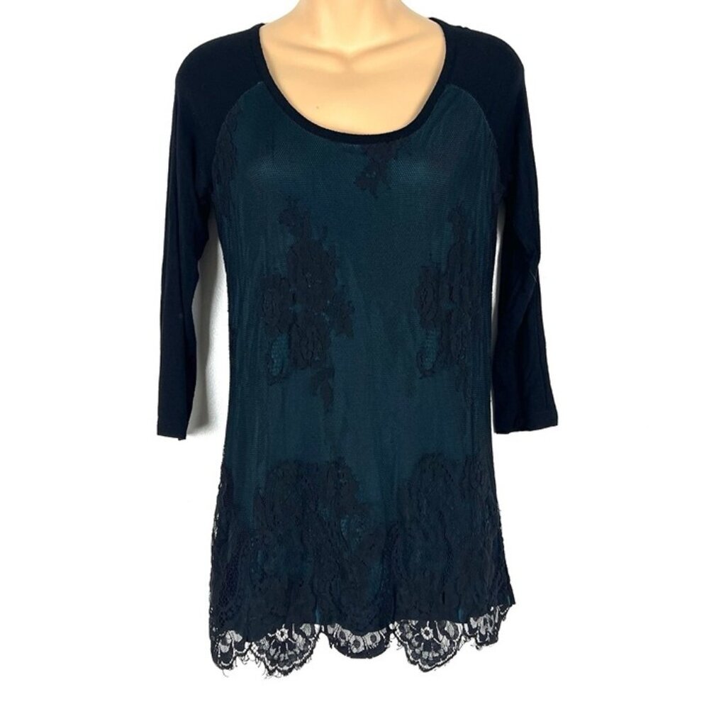 Vanity Scoop Neck Black Top sz S Lace‎ Overlay 3/4 Sleeve Rayon Whimsygoth y2k